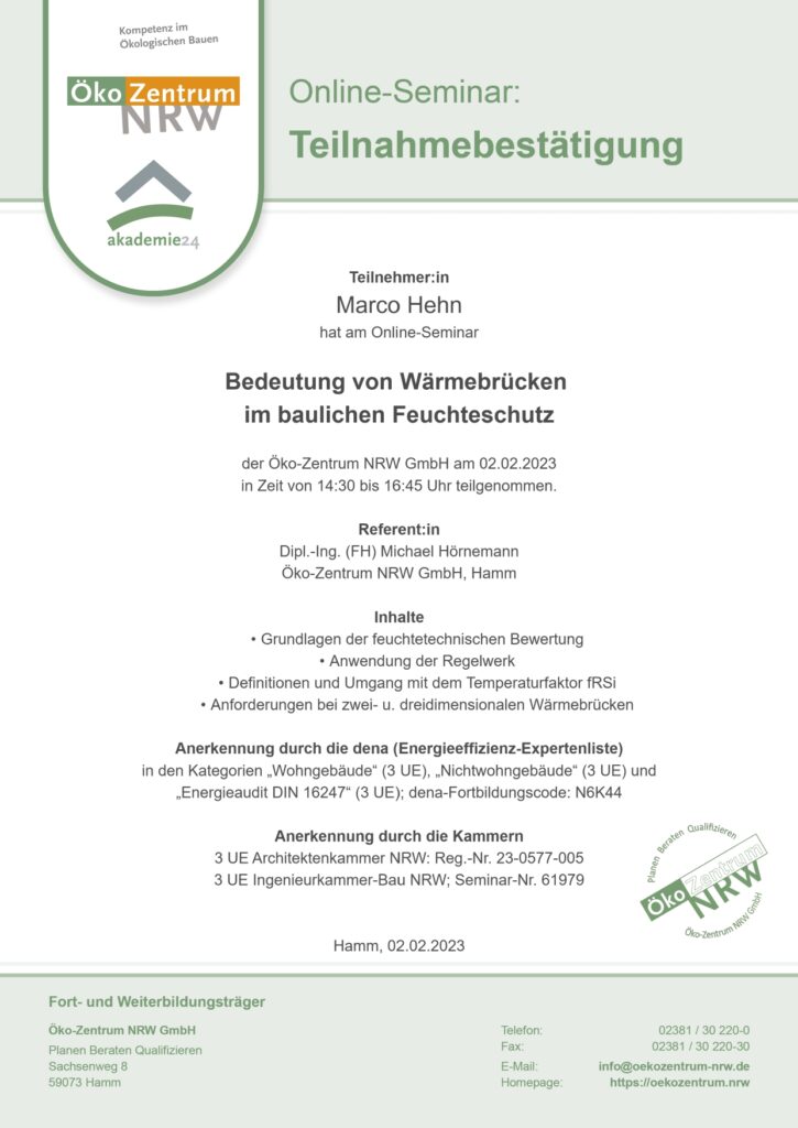 Ein Zertifikat Bedeutung von Wärmebrücken im baulichen Feuchteschutz