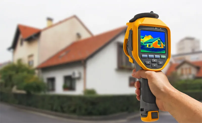 Wärmebildkamera zeigt thermografische Aufnahme eines Wohnhaus von Hehn Bautenschutz